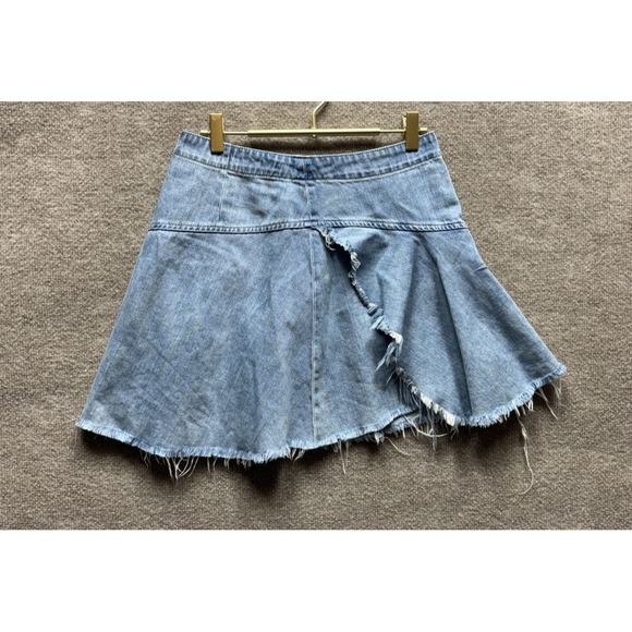 Free People Dresses & Skirts - Free People Denim Mini Skirt 4 Blue Flared Frayed Distressed Fringe Light Wash